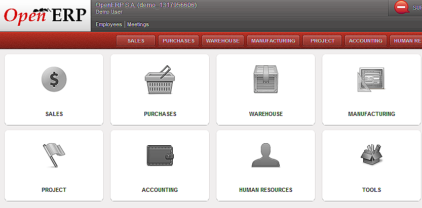 OpenERP home screen with sales, purchases, warehouse, manufacturing, project, accounting, human resources and tools modules