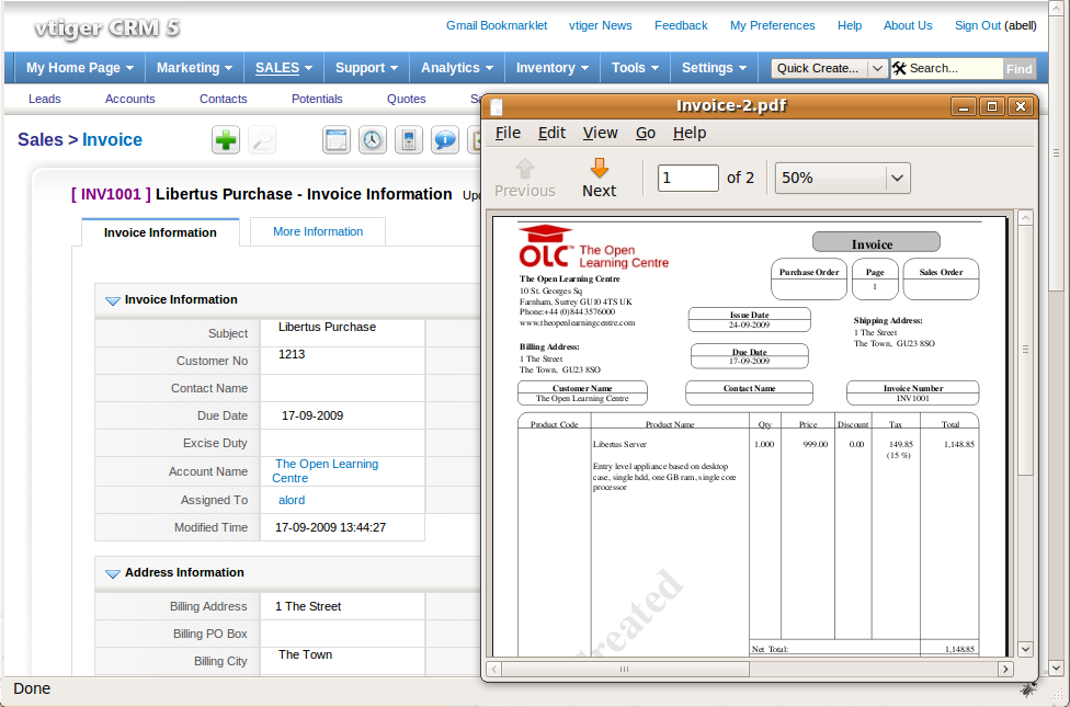 VTiger CRM invoice screen
